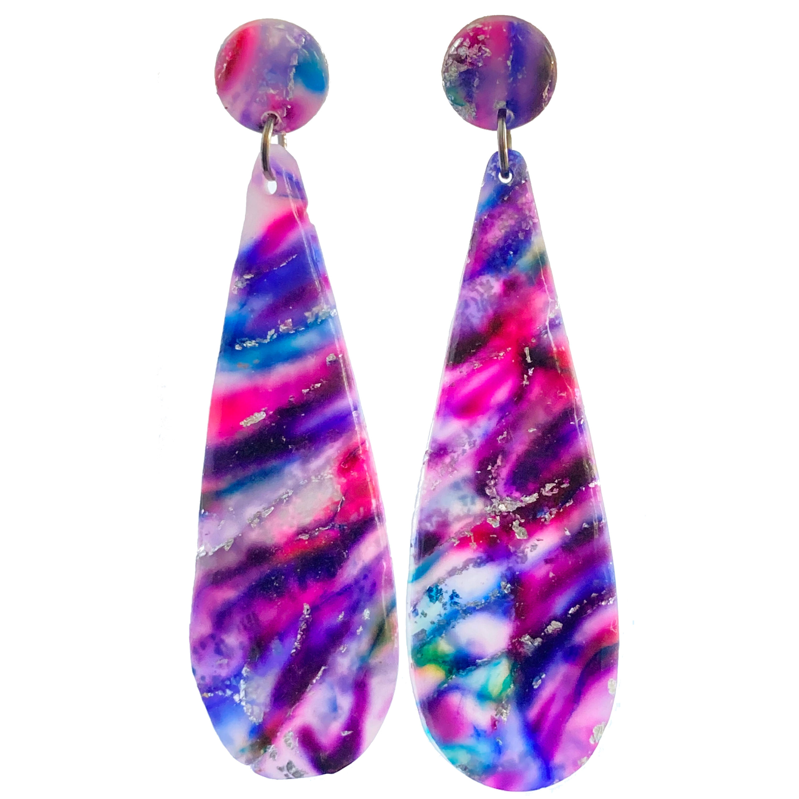 Purple, Pink & Silver Marble Long Teardrop Dangles