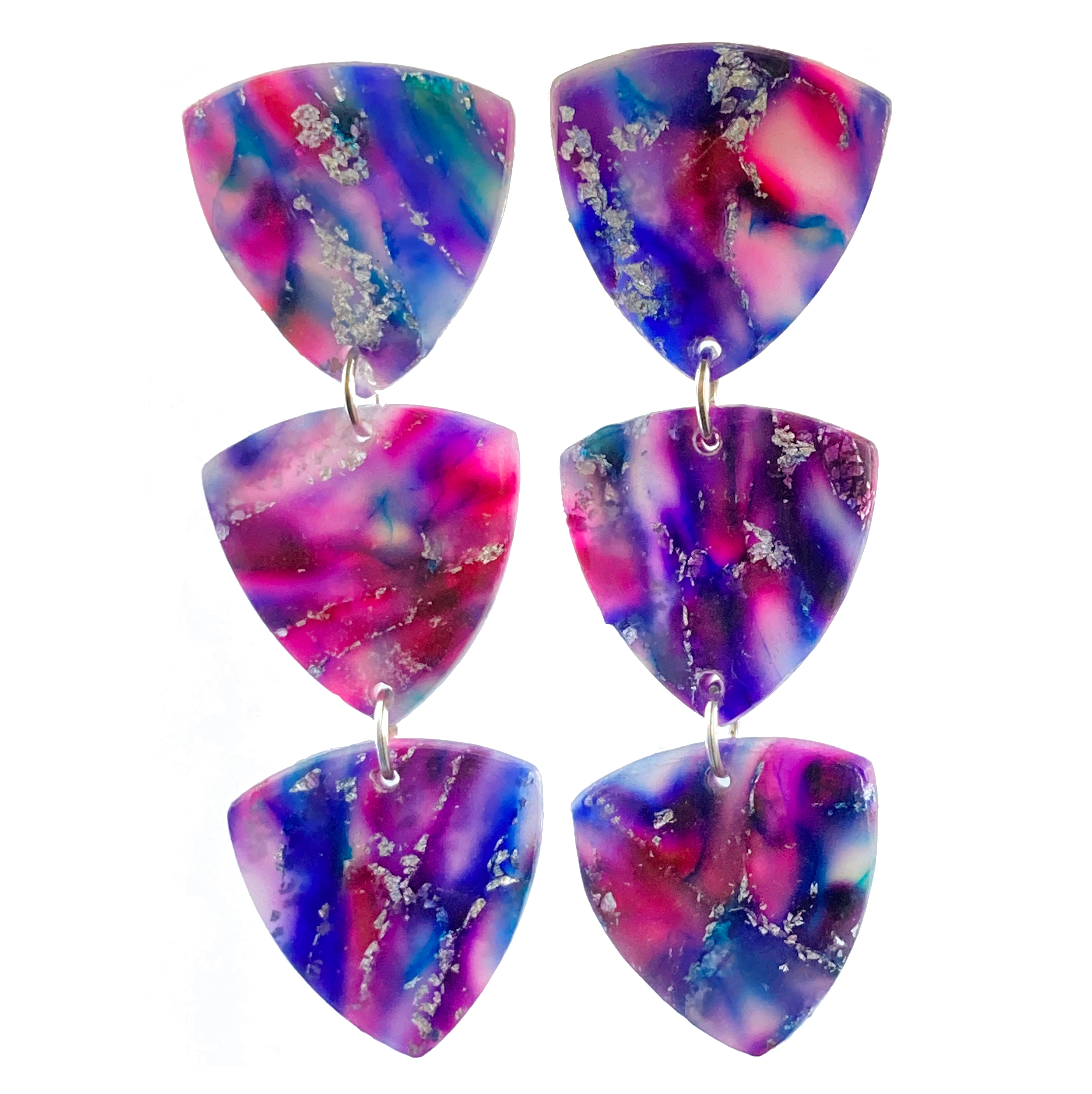 Purple, Pink & Silver Marble Triangle Trio Dangles